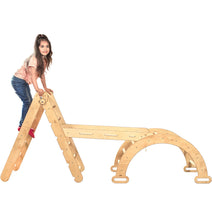 Load image into Gallery viewer, 3in1 Montessori Climbing Frame Set: Triangle Ladder + Arch/Rocker Balance + Net – Beige
