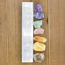 Load image into Gallery viewer, 7 Chakra Engraved Selenite Polished Charging Bar
