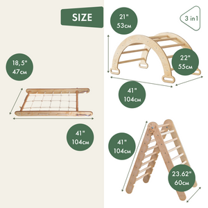 3in1 Montessori Climbing Frame Set: Triangle Ladder + Arch/Rocker Balance + Net – Beige